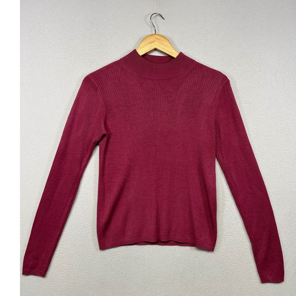 Minimalist Quiet Luxury August Silk Womens Medium Pink Mock Neck Ribbed Sweater